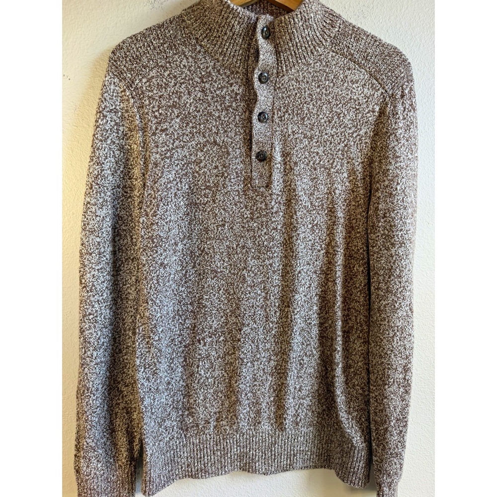 GAP Men's Brown White Marled Knit Mock Neck Henley Button Sweater Size Medium